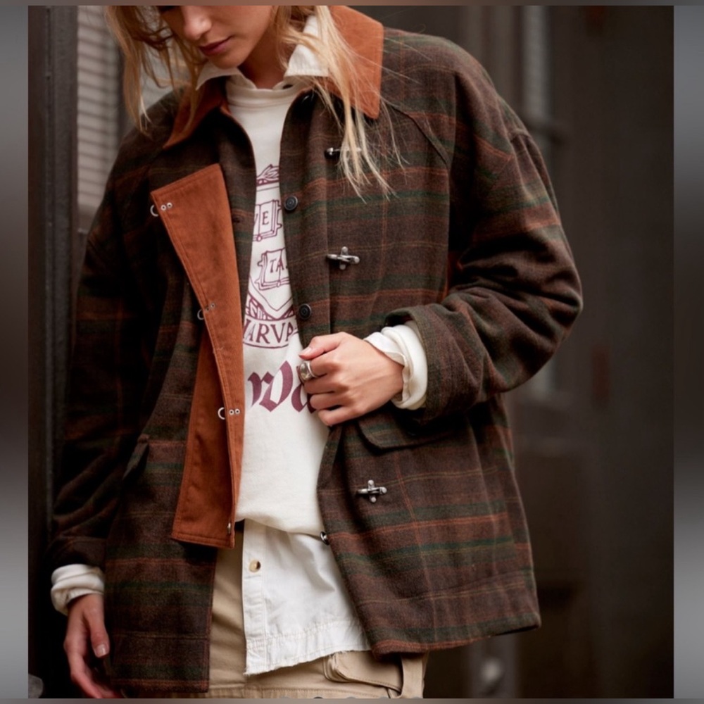 FREE PEOPLE Plaid Wool Blend Barn Coat w/ Corduroy trim